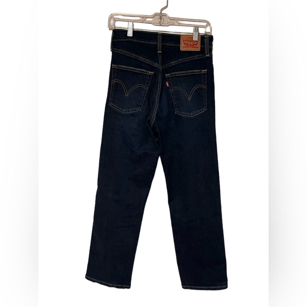 Levi’s Women SZ 27 Ribcage Straight Ankle Distresses High Wasted Dark Wash Jeans - Picture 2 of 7